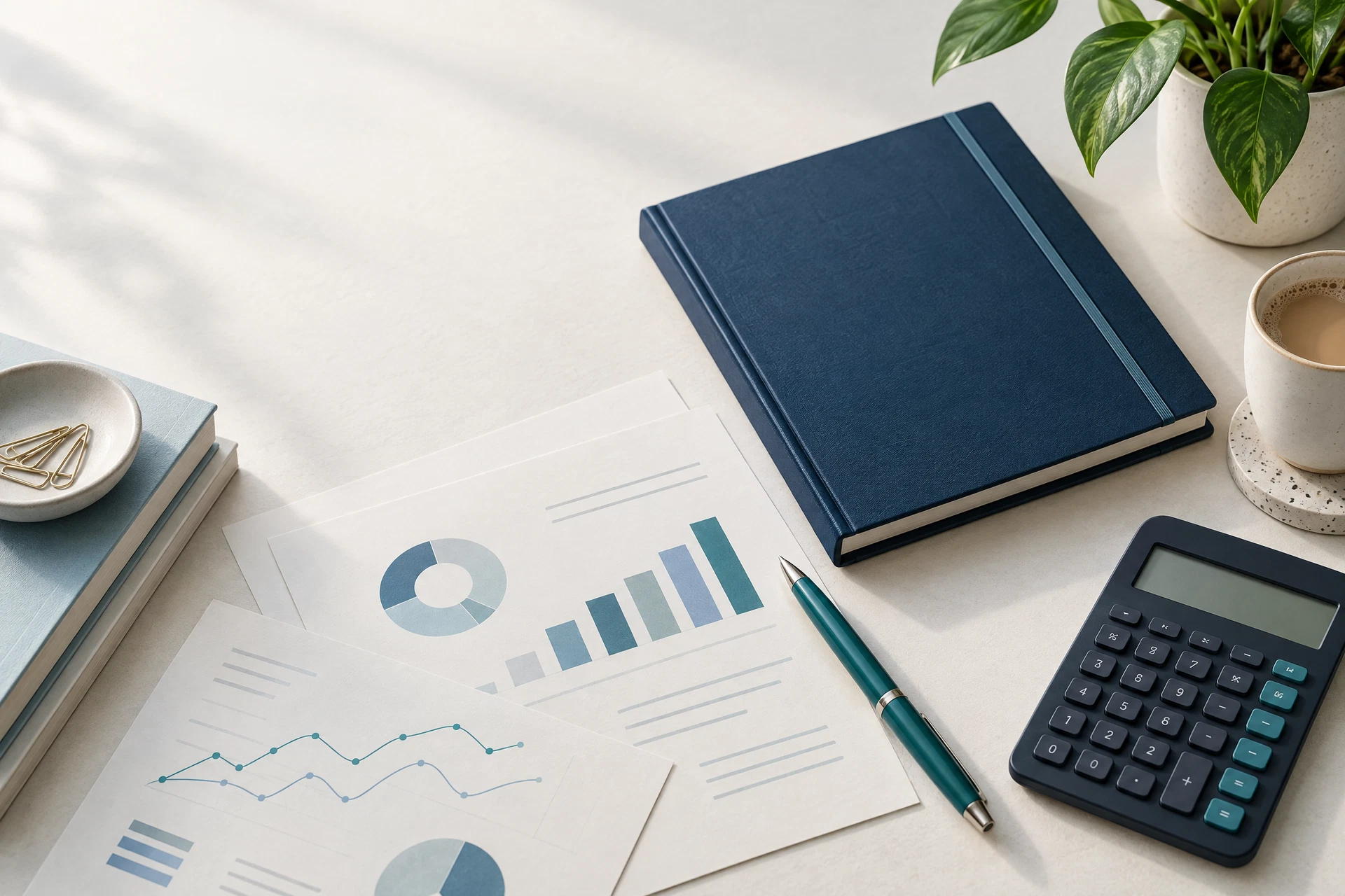 A calm workspace with organized accounting records